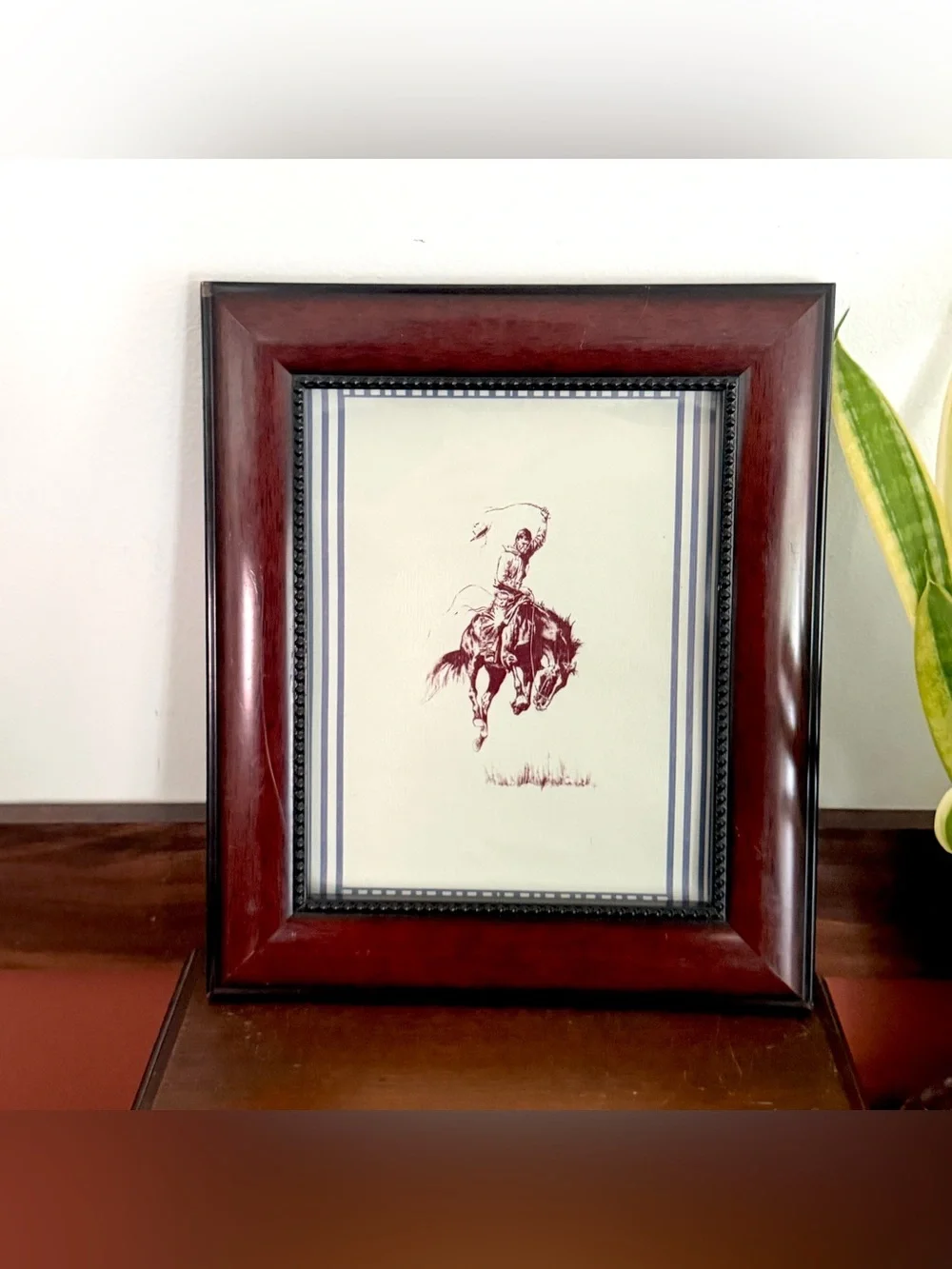 Cowboy Bucking Bronco Horse Rodeo Canvas Art Print Blue Stripe Framed Wall Art